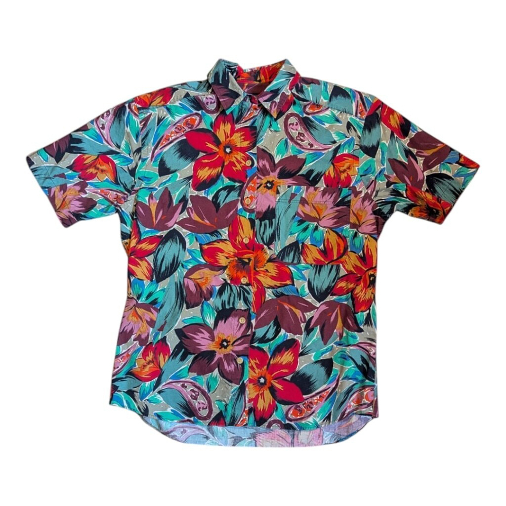 Vtg Lands End Tropical Floral Paisley Short Sleeve Button Down Shirt Womens 8